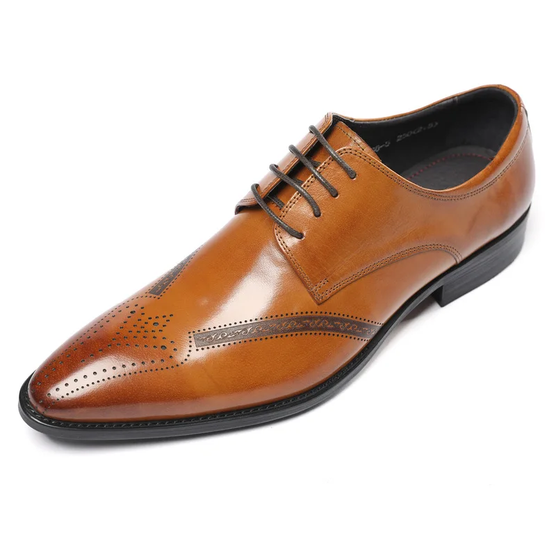 

Genuine Leather Carving Wedding Men Shoes England Trendy Mens Dress Shoes Pointed Toe Laces Business Office Career Work Shoes