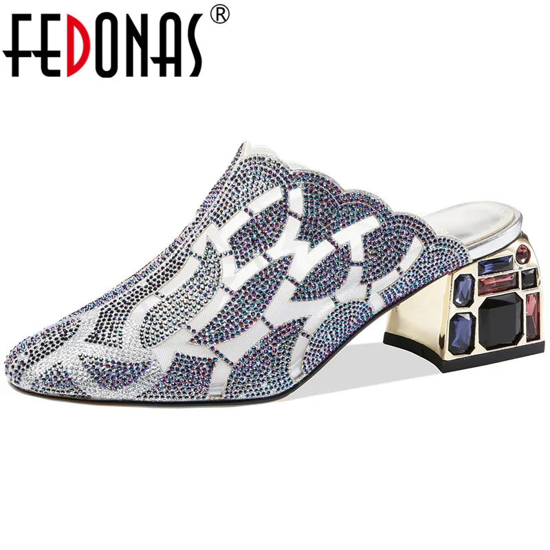 

FEDONAS Glitter Crystal Square Toe Women Mules Genuine Leather High Heels Pumps Spring Summer Wedding Office Lady Shoes Woman