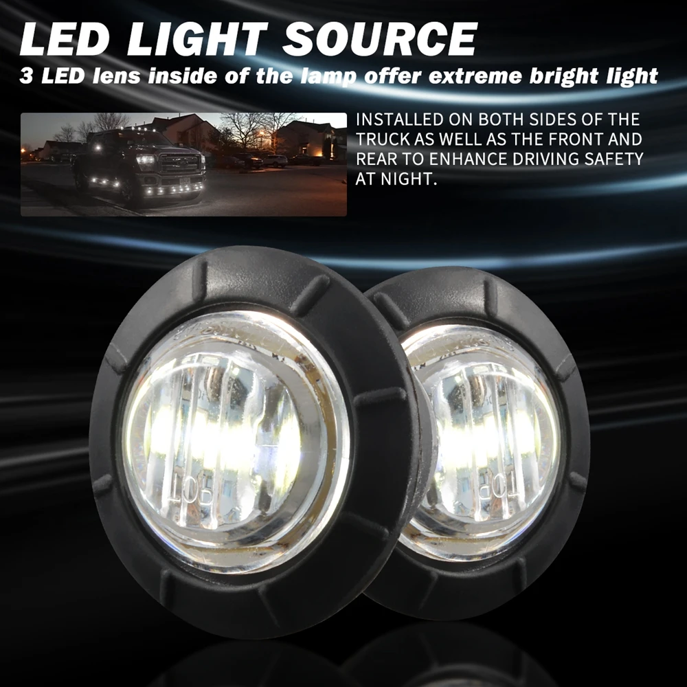 

2pcs White Round 12-24V Waterproof 3LED 3/4" Trailer Side Marker Lights Front Rear Trucks Bus Tractors Clearance Lights Lamp