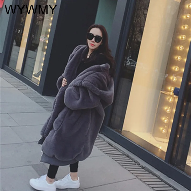 2021 Winter Thick Luxury Plush Jacket Faux Fur Coats Women Long Parka Hooded Imitate Rex Rabbit Fur Warm Outwear Female Oversize