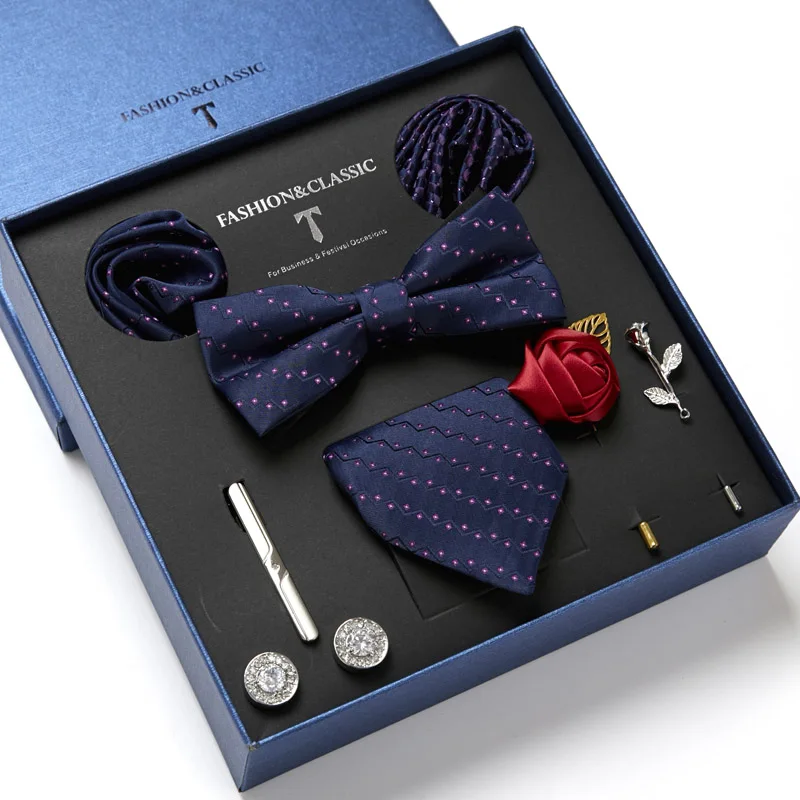 7.5cm Wide Business Office Men's Wedding Pink Silk Jacquard Men Tie Handkerchief Cufflinks Gift Box Packaging