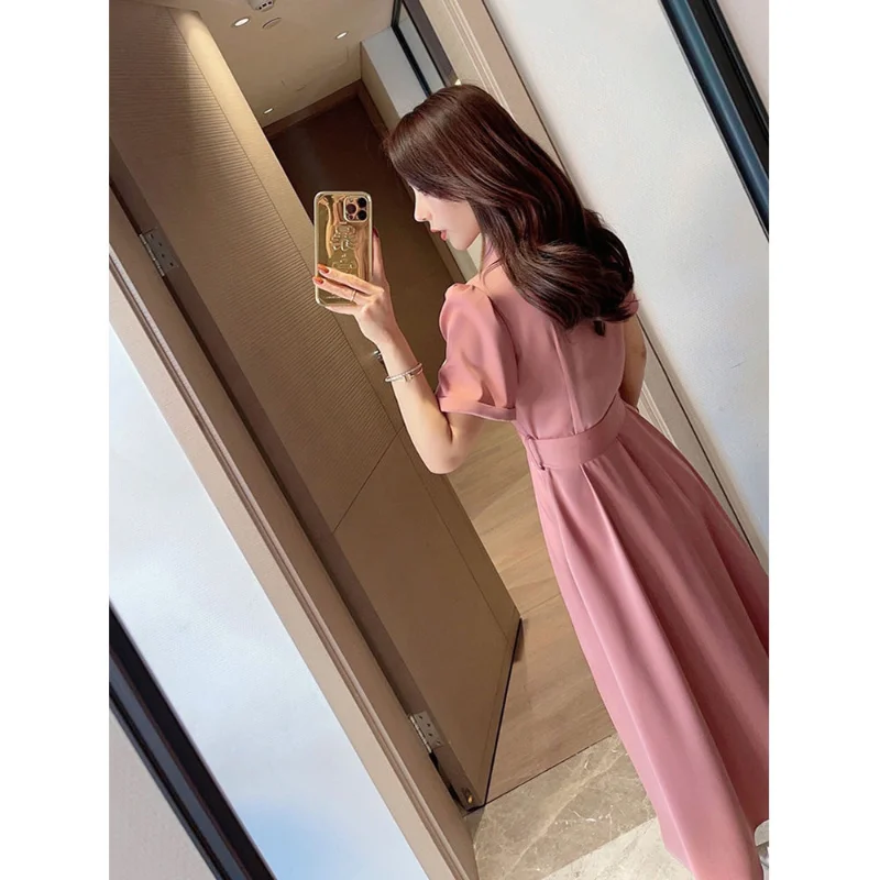 

2021 Women Spring Summer Vintage Suit Vestido Ladies Notched Lace Up Short Sleeve Pleated Dress Female Casual Solid Dresses K113