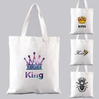 womens shopping bag canvas white large capacity crown pattern printing reusable all match portable one shoulder shopping bag