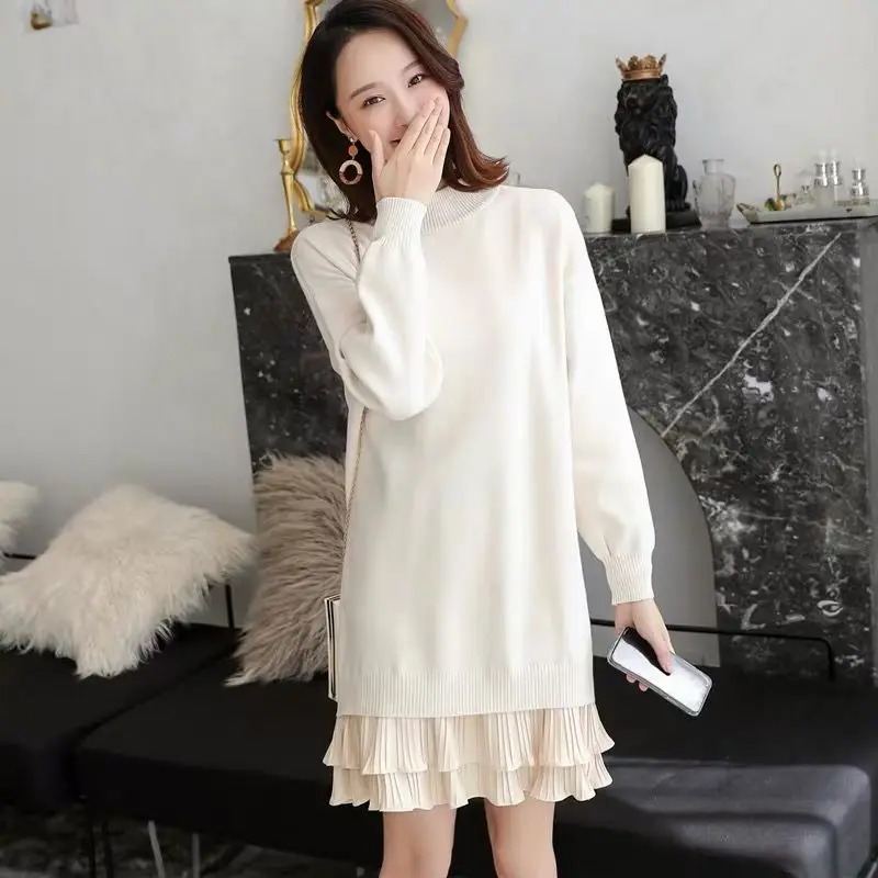 Плиссированное шифоновое женское трикотажное платье свитер с подолом Модный