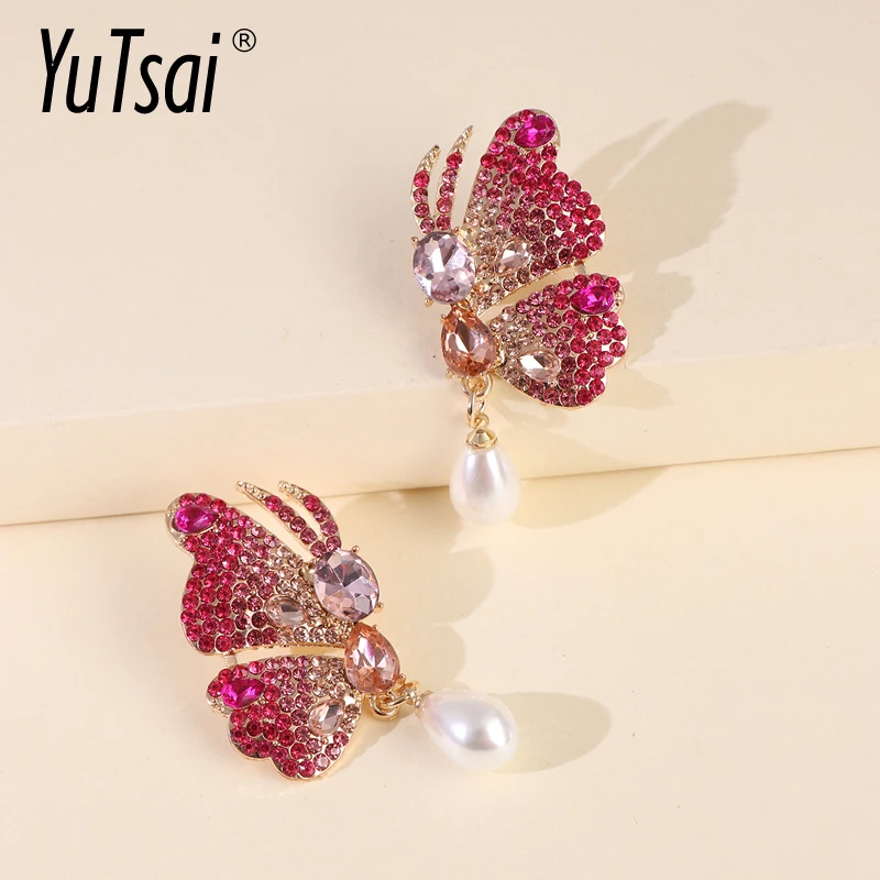

YUTSAI Fashion Large Multicolor Crystal Earrings Pearl Drop Pink Rhinestone Butterfly Dangle Earrings For Women Jewelry YT211
