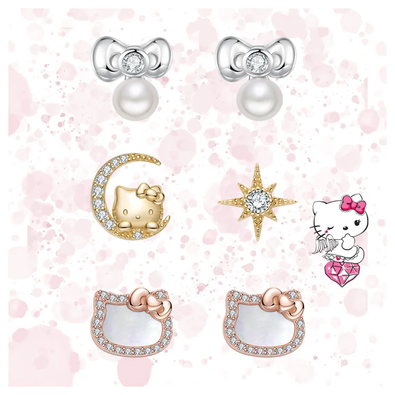 

New Kawaii Cartoon Silver Stud Earrings KT Cat Anime Figures Simple Earrings Pearl Ear-rings Playful Elegant Lovely Girls Gift