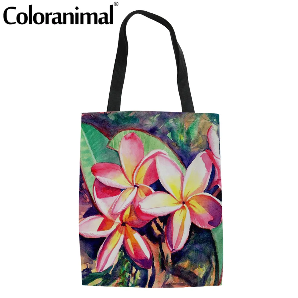 

Coloranimal Hawaii Art Plumeria Flowers Printed Women Canvas Linen Bag Pretty Lady Tote Grocery Bag Large Capacity Shopper Bag