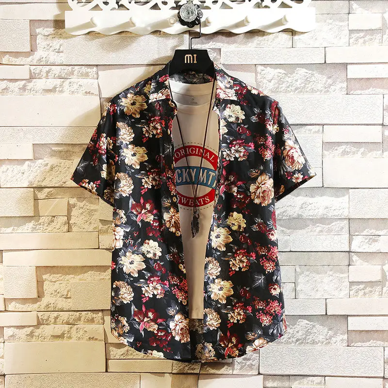 

Cotton short sleeve flower shirt men's summer new Korean style slim trend youth thin half sleeve printed shirt coat