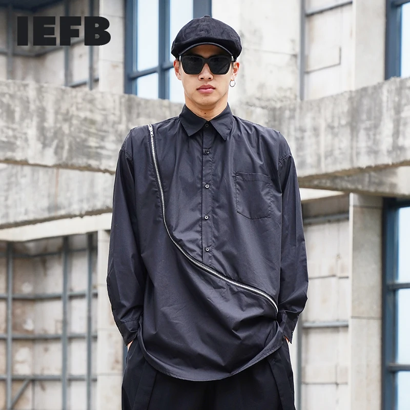 IEFB/мужская одежда дизайн двойная молния нерегулярные лоскутные черные длинные