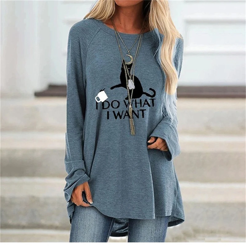 

New Women Spring Autumn Clothes Casual Printed Round Neck Long Sleeves Tunic T-Shirt Loose Cotton Pullover Plus Size