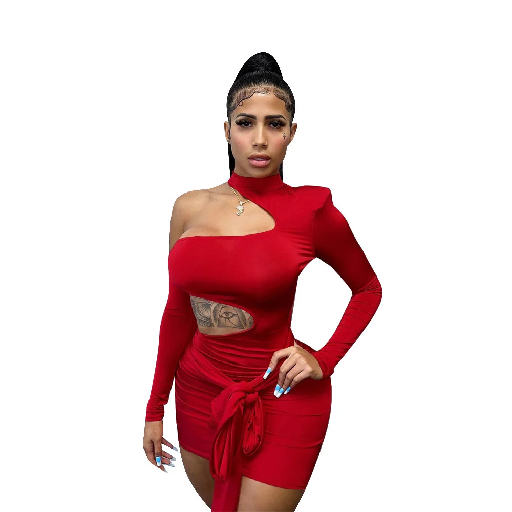

Casual Bodycon Mini Dresses Solid Clothes Club Dress Hollow Out Bandage Long Sleeve Sexy One Shoulder Autumn Vestidos
