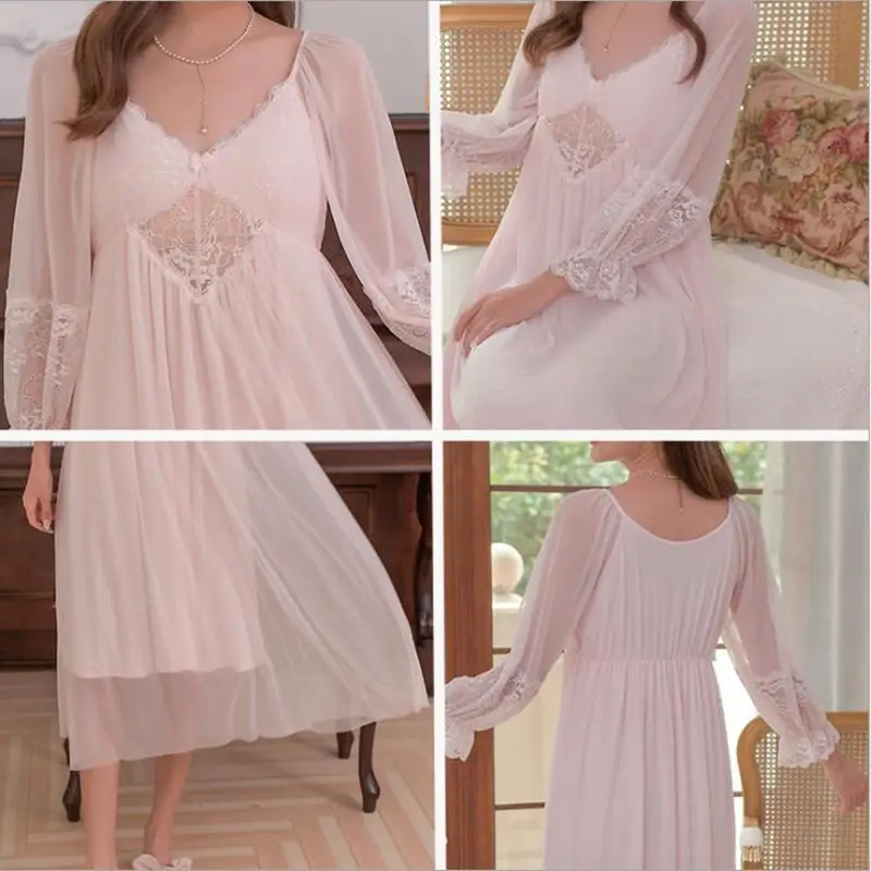 

2021 Women Spring Sexy V-Neck Modal Nightgowns Gauze Full Sleeves Princess Vintage Night Dress Long Style Calf-Length Home Dress