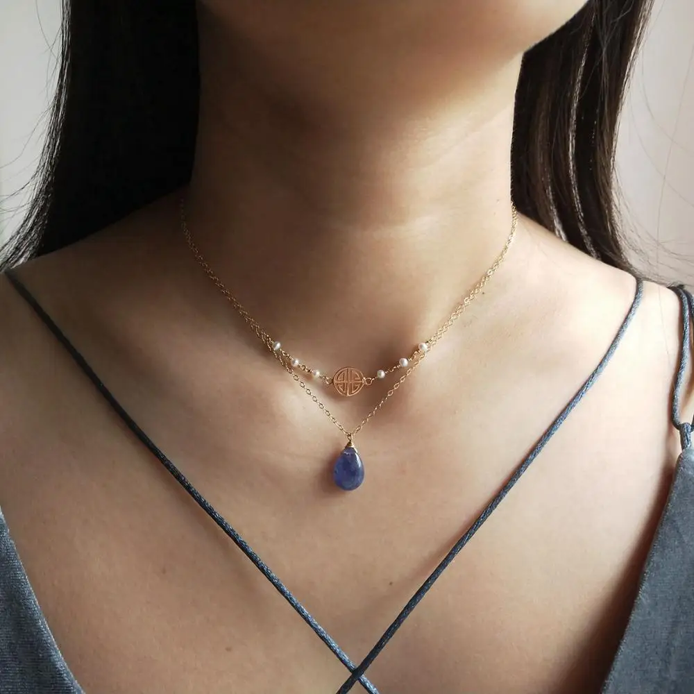

Lii Ji Genuine Tanzanite Pearl Muliti Layered Choker Necklace US 9K GF S925 Sterling Silver For Women Pendant Delicate Necklace