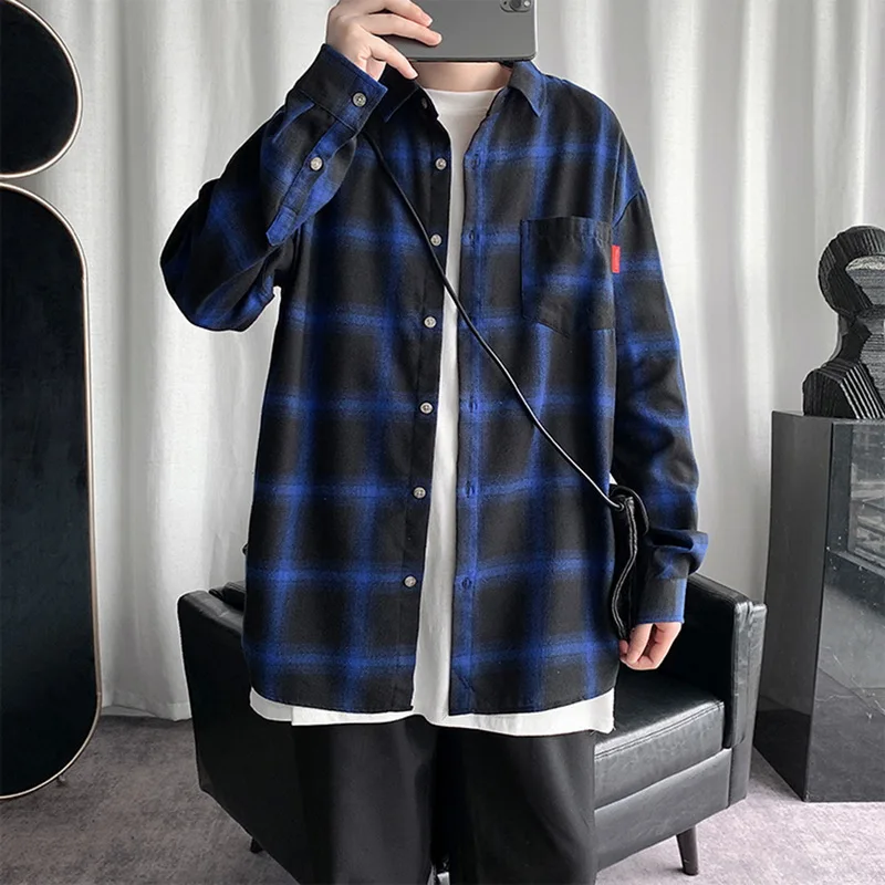 

Japan Style Brand Fashion Casual Male Plaid Shirt For Men's Lapel Long Sleeve 2021 Spring Autumn Black White Men Clothing