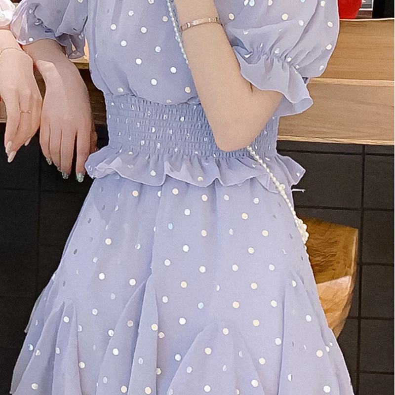 

Two Piece Set Summer New Skirt Suits Women Fashion Polka Dot Chiffon Short Sleeve Top And High Waist Slim Skirt Pant Suits
