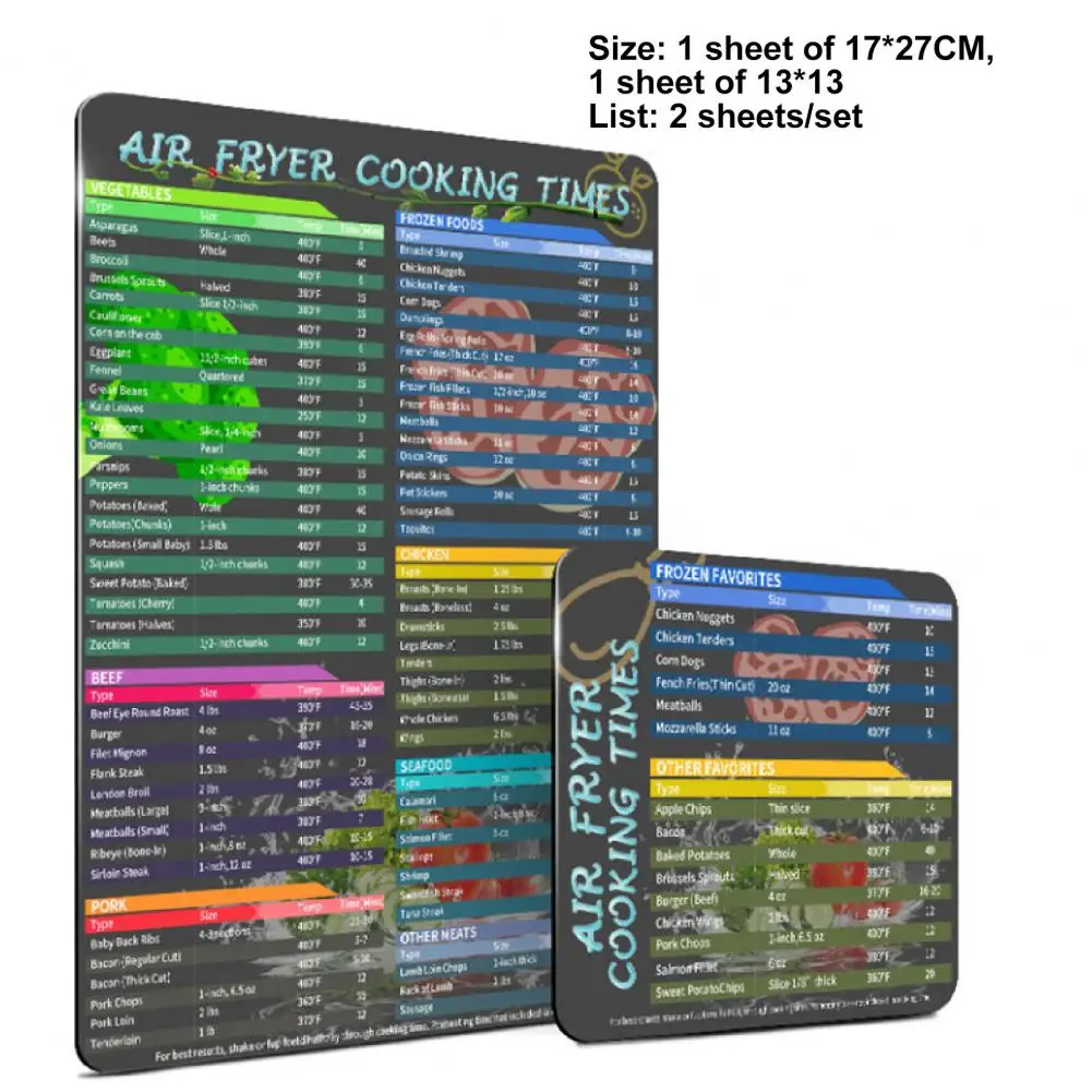 

2Pcs/Set Cooking Times Chart Easy to Apply Clear Words Magnet Magnetic Adsorption Fryer Reference Chart Cooking time sticker