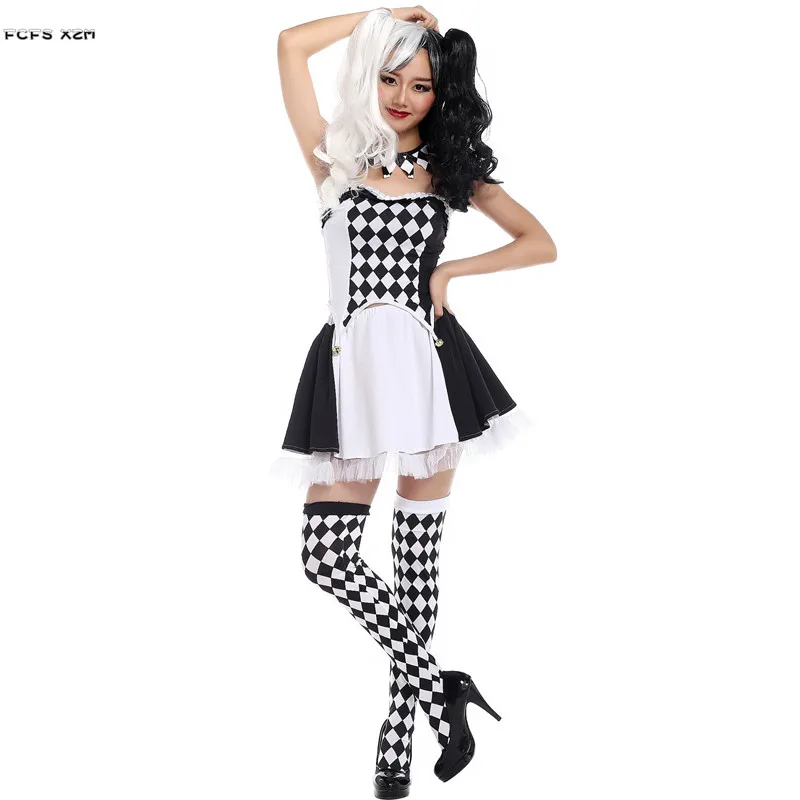 Black and white plaid Women Halloween Circus Clown Costumes Female droll Joker Cosplay Carnival Purim Bar Role play Party dress