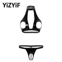 women sexy open cup bra erotic cortex lingerie set wet look faux leather sexy clothing erotic breasts bra top with underwear