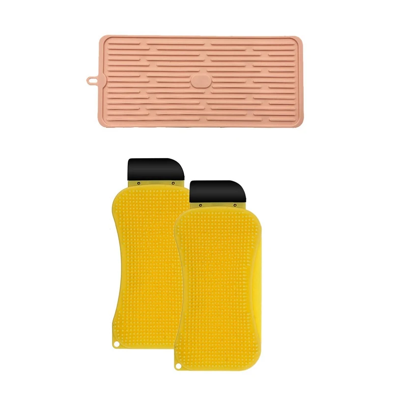 

LUDA Foldable Silicone Dish Drying Mat Drain Pad With 2Pcs 3 In 1 Kitchen Dish Sponge Silicone Sponge Cleaning Brush