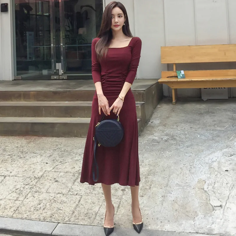 Женское трикотажное платье миди с квадратным вырезом и длинным рукавом|Женские