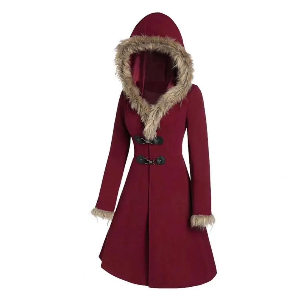 

Women Coat Princess Dress Hem Faux Leather Bucket Plush Hooded Solid Color Elegant Coat Outerwear Autumn Winter
