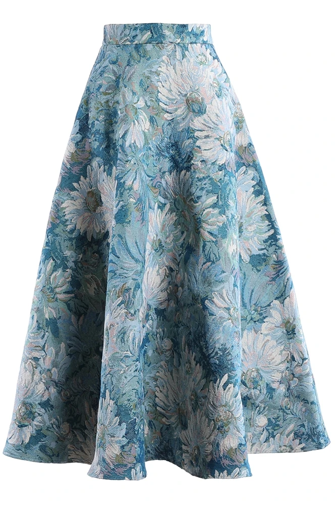 

Retro Oil Painting Skirt Women 2021 Spring Flower Print Big Hem Skirt High Waist Fashion Design Elegant Hepburn Graceful Skirt