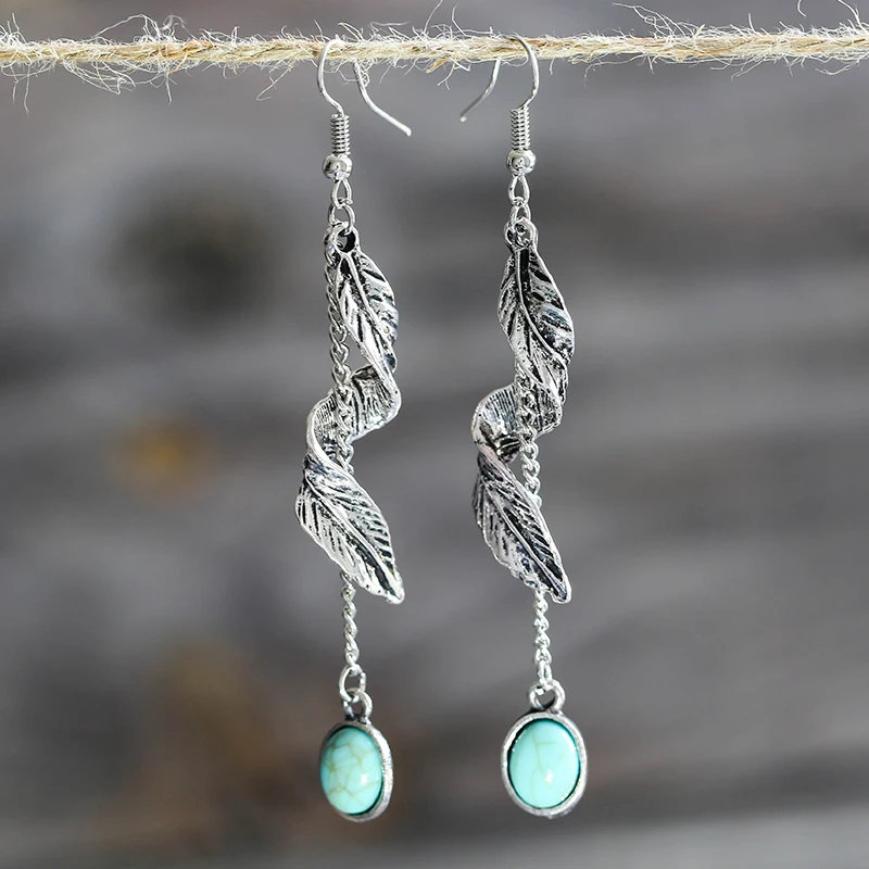 

Bohemia 7cm Long Link Chain Luxurys Drop Earrings Women's Metal Twist Leaf Blue Stone Vintage Earring Gift Z3D308