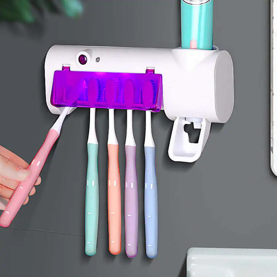 

5 Holes + Toothbrush Squeezer UV Light Toothbrush Holder Cleaner Wall Mounted Household Toothpaste Dispenser Sterilizer