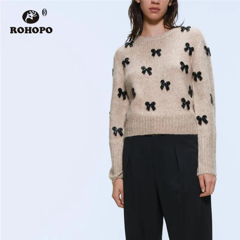ROHOPO хаки круглый воротник с длинным рукавом свитер Черный Лук Бисероплетение
