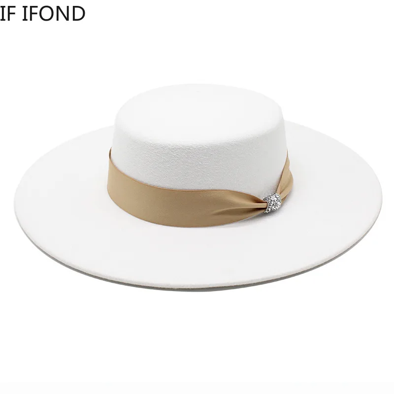 French Ladies White Bownot Satin Felted Fedoras Hat Women Banquet Elegant Formal Party Dress Cap 10CM Wide Brim Church Hat