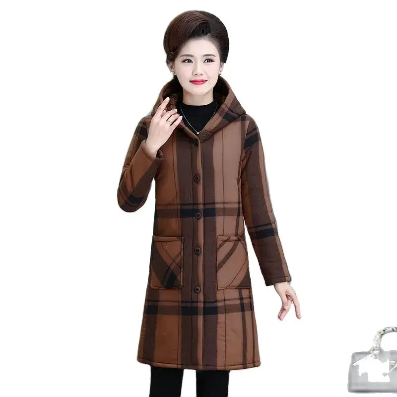 

New Middle-Aged Mother Winter Cotton Clothes Ladies Jacket Add Velvet Add Thick Mid-Length Hooded Women's Cotton Windbreakers