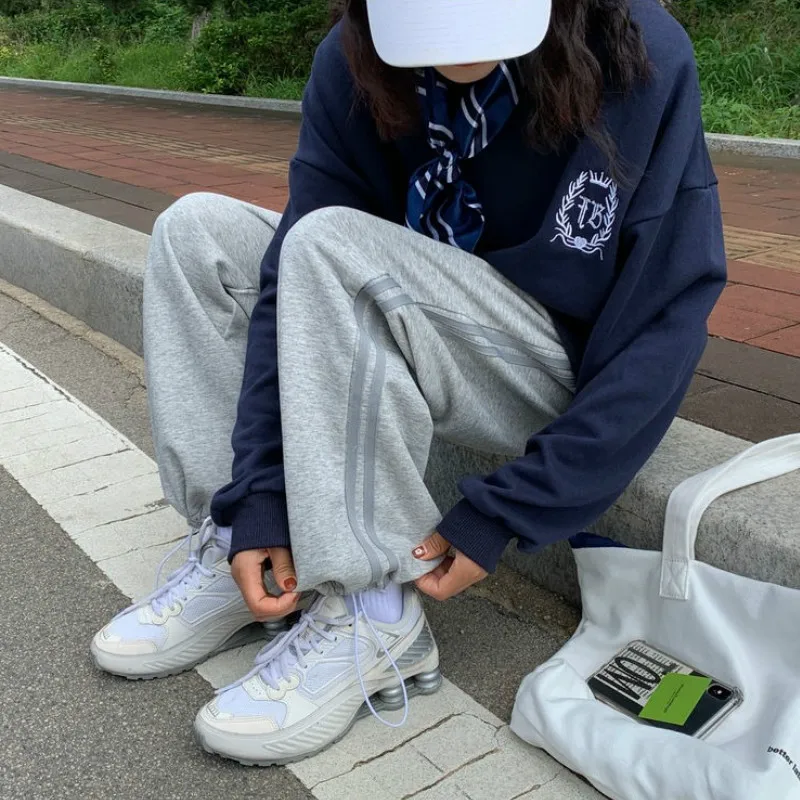 

Casual Pants Women Loose Korean BF Straight Wide-leg Bundle Trousers Striped Streetwear Vintage Fashion High-waist Ulzzang Daily