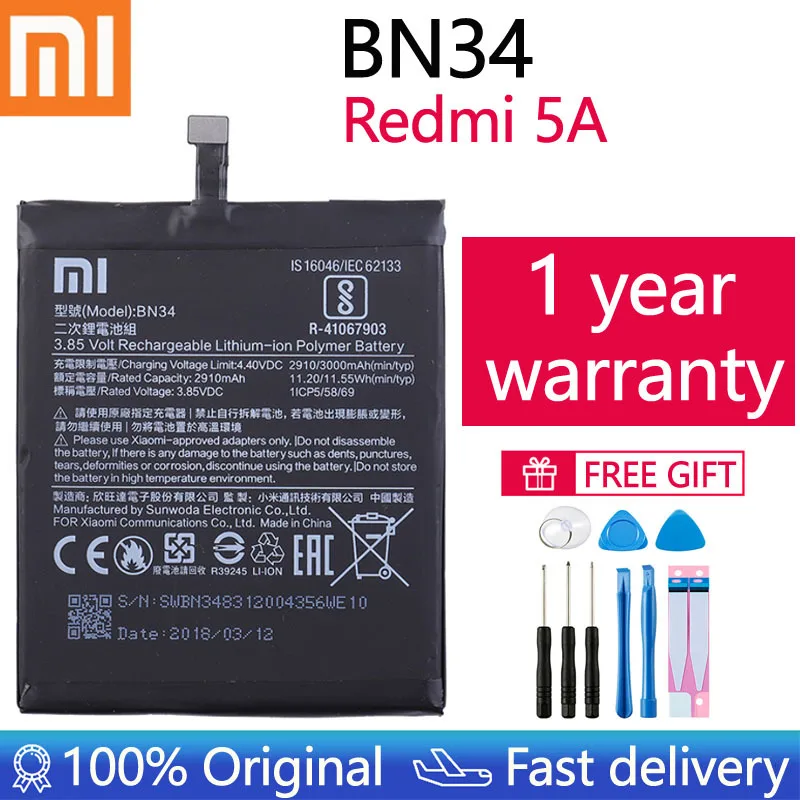 

Оригинальный аккумулятор Xiao Mi BN34, сменная батарея для телефона Xiaomi Redmi 5A 5,0 дюймов, батареи для телефонов с высокой емкостью 2910 мА/ч и инструм...