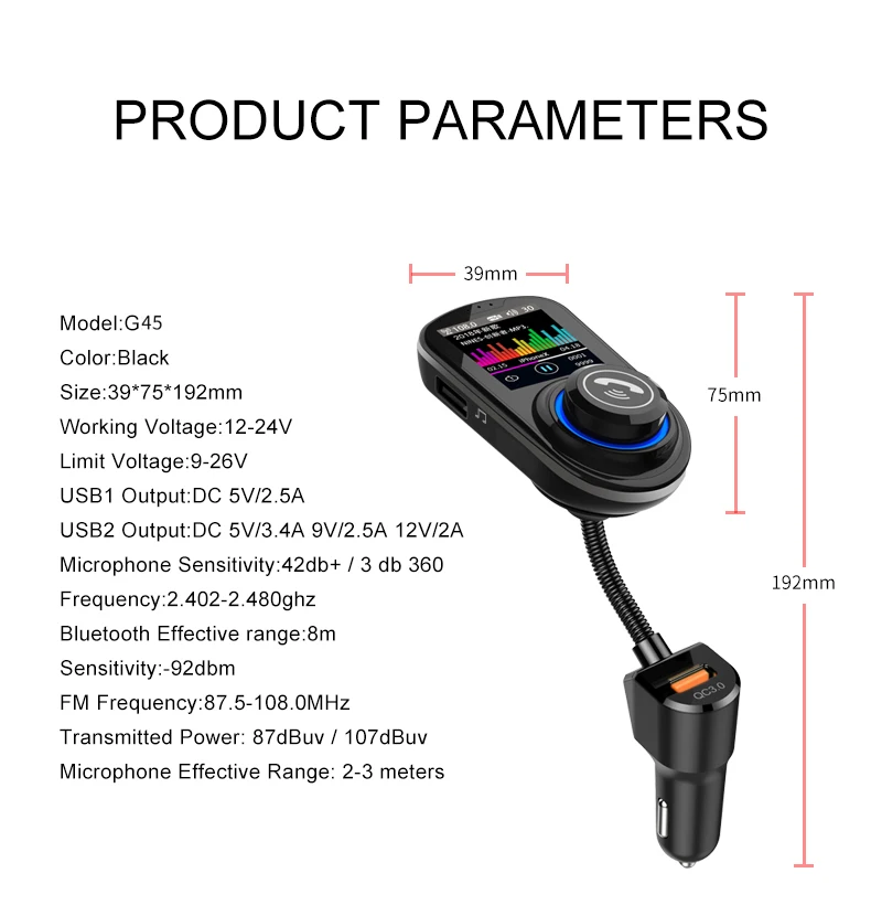 G-45 Автомобильный MP3-плеер с Bluetooth 5,0, fm-передатчик, автомобильный bluetooth-комплект, ручная работа,, напряжение батареи 1,8 дюйма, HD цветной экран