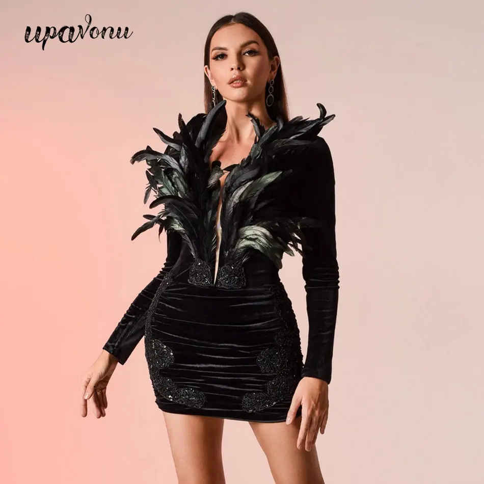 High Quality Embroidered Beading Black Mini Feather Dress Women's Sexy V-neck Long Sleeve Bodycon Nightclub Party Velvet Vestido