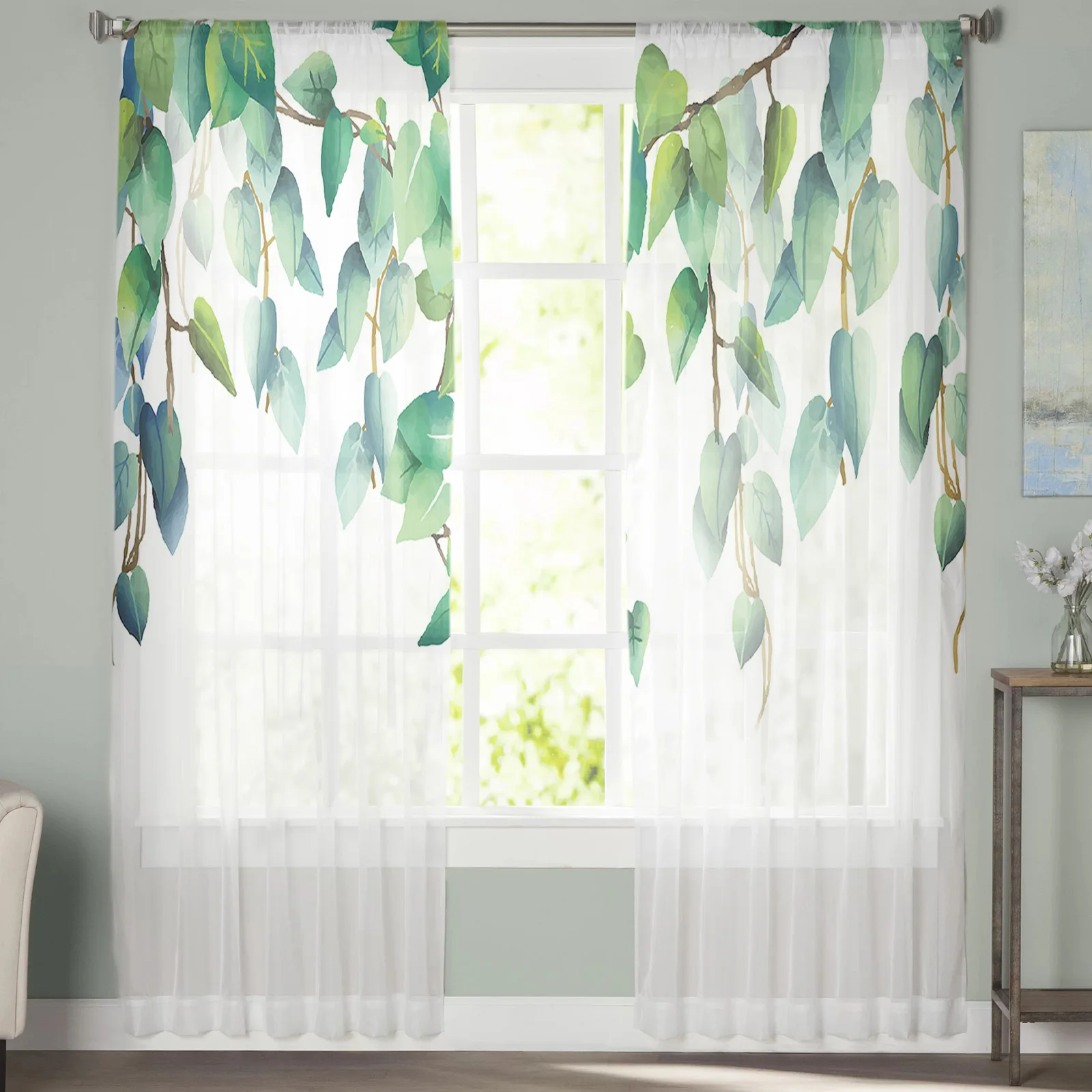 Завод зелеными листьями прозрачные Занавески на окна для Гостиная Спальня