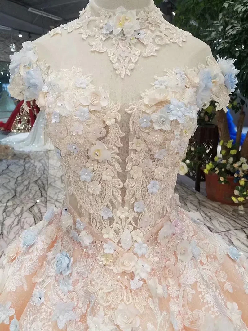 

BGW 22913ht Girl Ball Gown Evening Dresses Floor Length Color Flowers High Neck Cap Sleeve Lace Up Back Prom Dresses Curve Shape