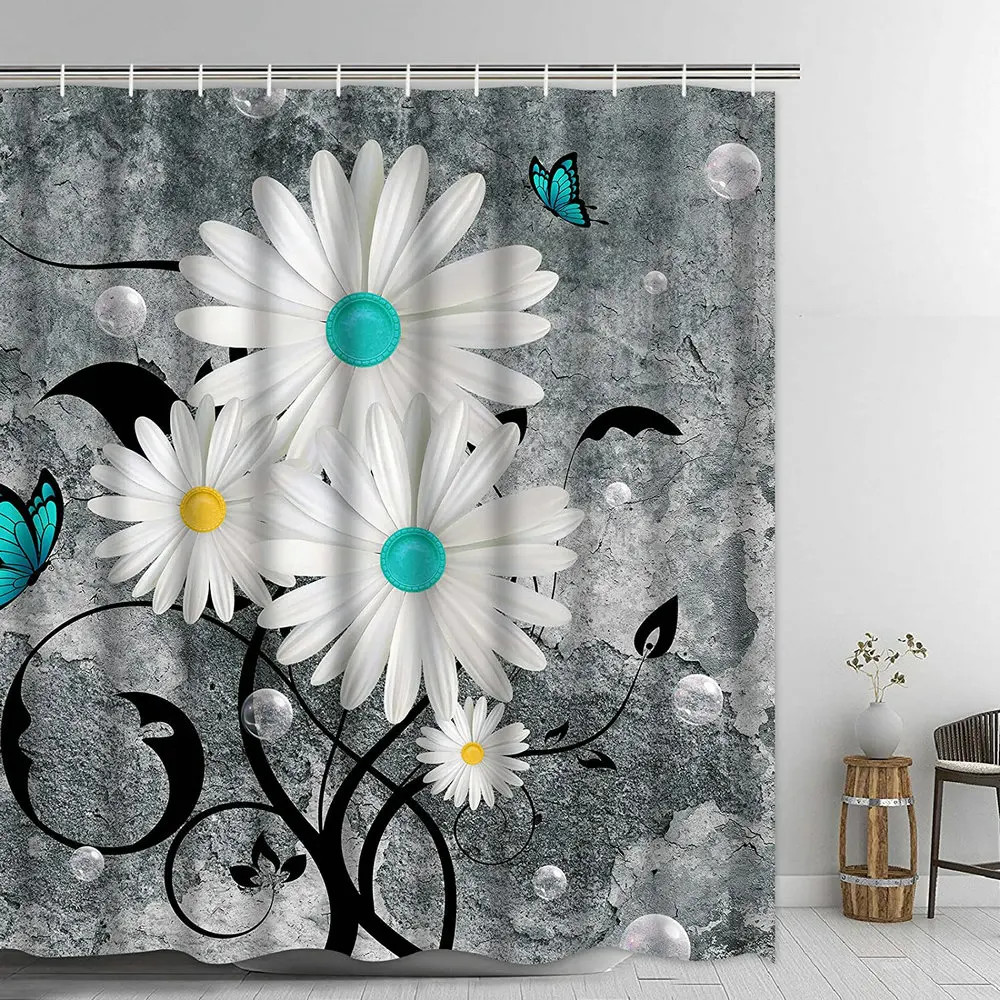 

Floral Butterfly Shower Curtain Flower White Daisy Farmhouse Rustic Bathroom Wall Decor With Hook Waterproof Polyester Screen