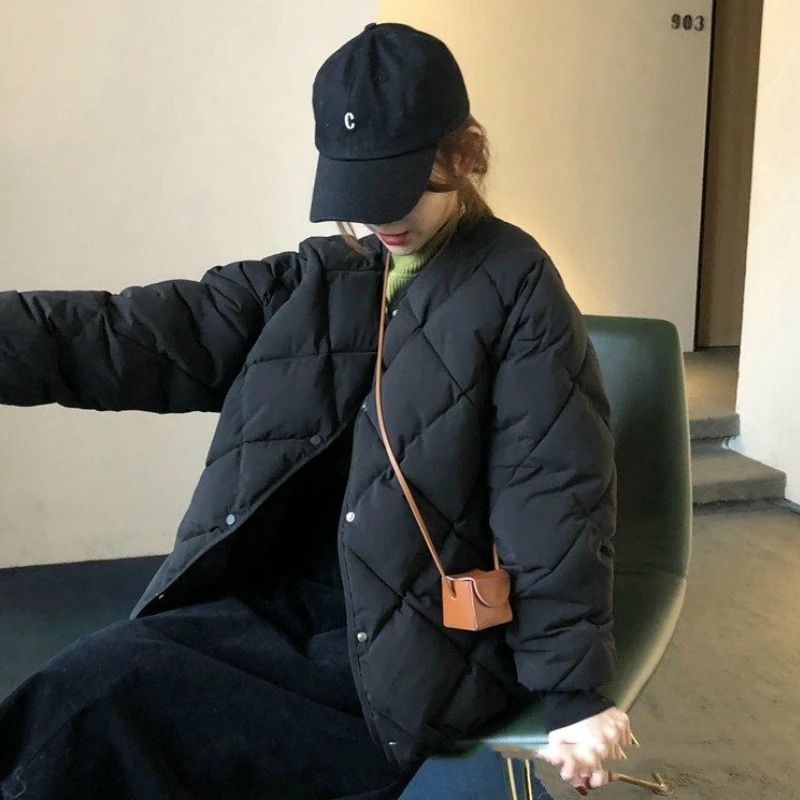 

Short Style Parkas Women Argyle Single-breasted Autumn-winter New Simple All-match Coats Femme Leisure Loose Vintage Ladies Chic