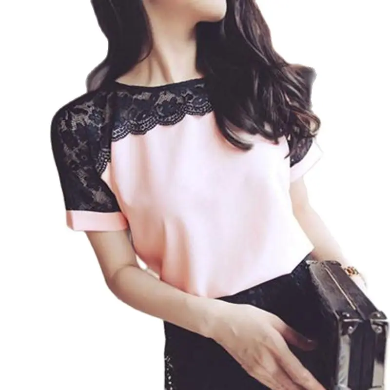 

Korean Fashion Chiffon Women Blouses Lace Short Sleeve Pink Women Shirts Plus Size 4XL/5XL Womens Tops Blusas Femininas Elegante