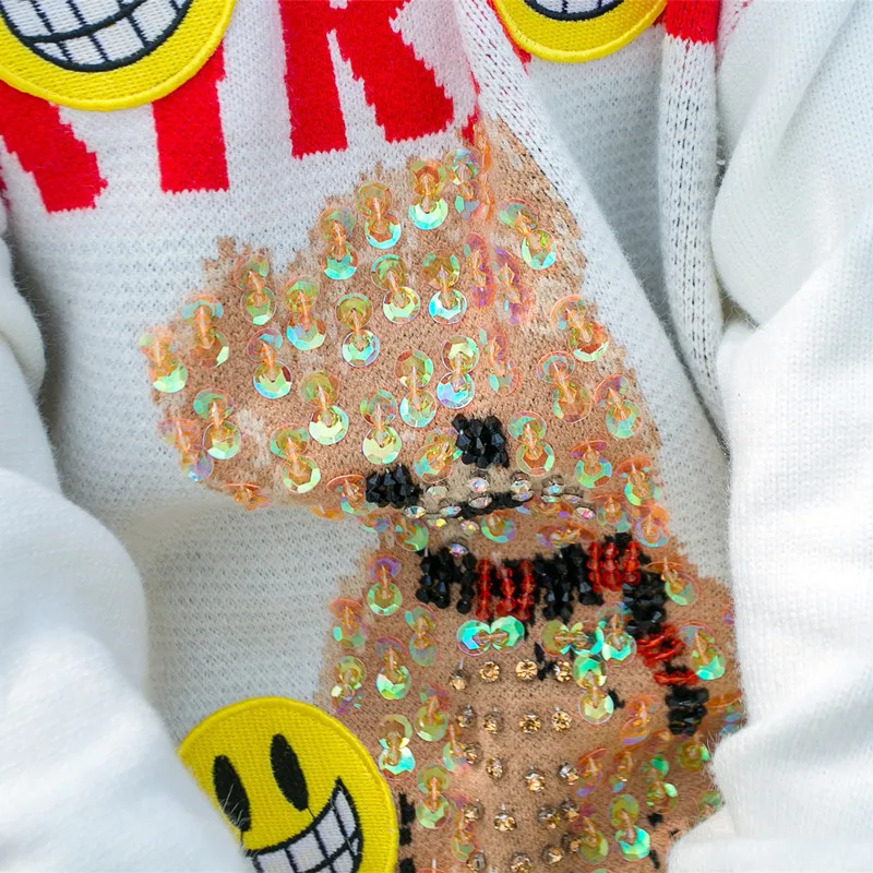 

Vefadisa Black White Yellow Cartoon Print Women Sweater 2021 Spring Autumn Sequin Mid-length Pullover Sweater Coat Loose QYF4073