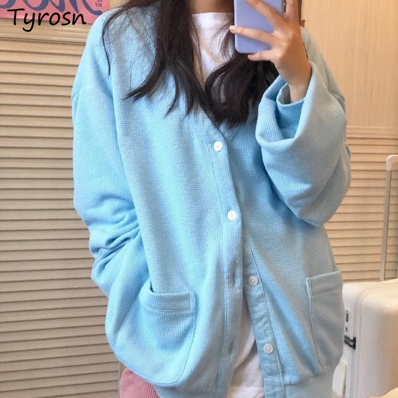

Basic Jackets Women Solid Blue Sweet Gentle V-neck Single Breasted Coats Korean Style Pockets Retro Fashion Outwear Girls Chic