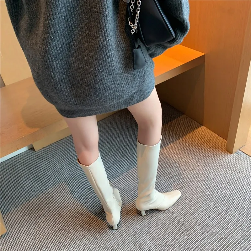 

ASUMER 2021 New genuine leather boots zip high heels square toe stretch mid calf boots solid color autumn winter boots female