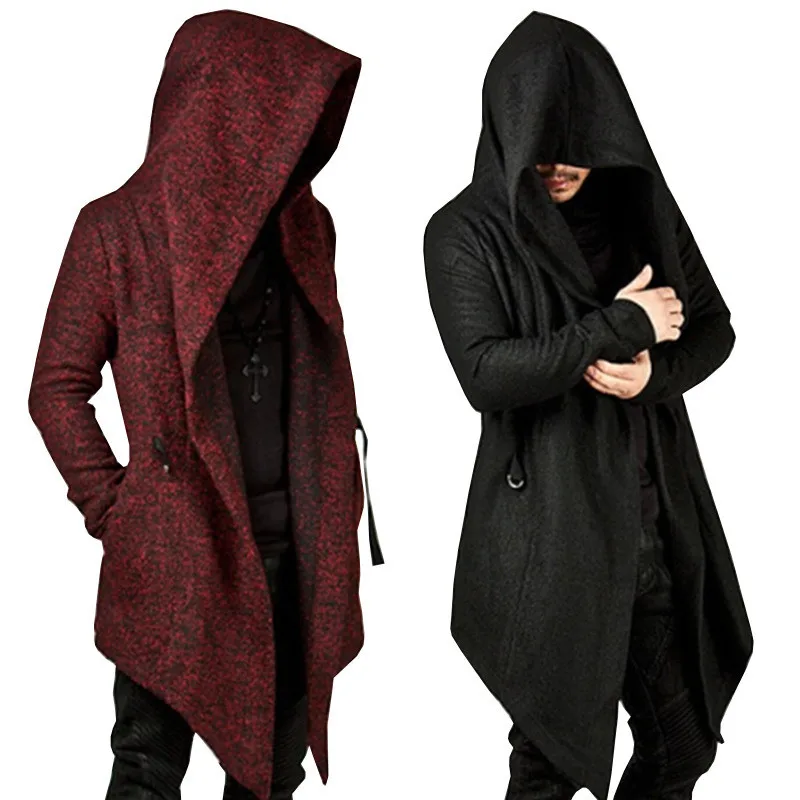 

Black Fashion Mens Gothic Vintage Steampunk Men Red Irregular Cloak men Hooded X9105 Outerwear Male Trench trench coat Male Hood