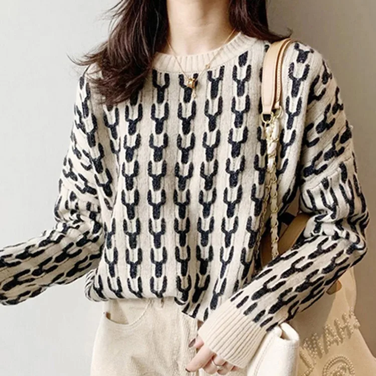 

Autumn Winter Korea Style Women Knitwear O-neck Pullover Tops Long Sleeve Sweater Ladies Casual Plaid Loose Fit Knitted Outwear