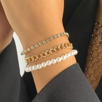 fashion punk curb cuban chain bracelets set boho thick gold color charm bracelets bangles for women gifts pearl trendy jewelry