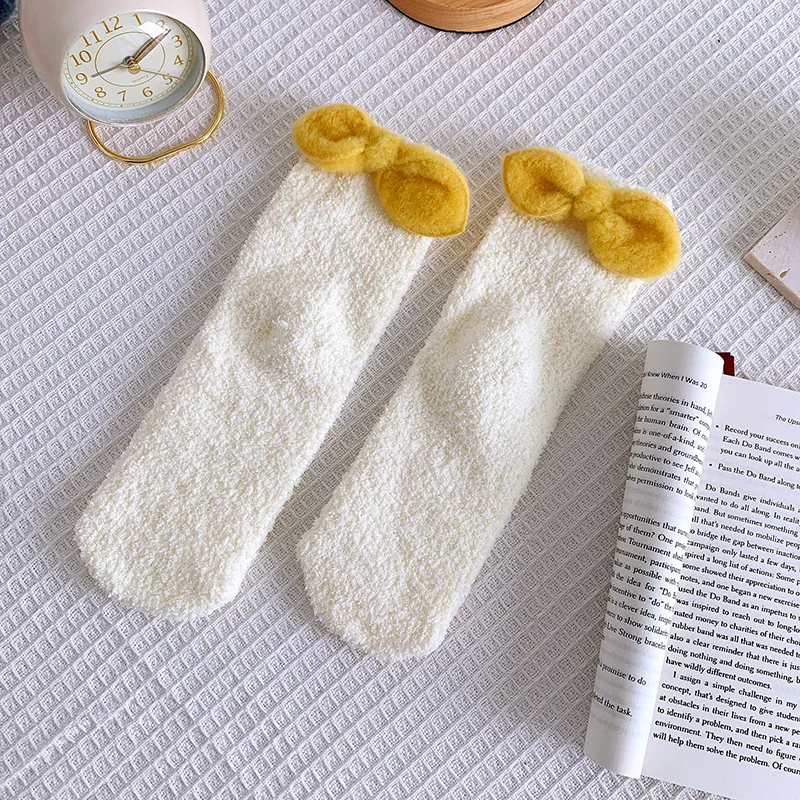 

New Fashion Women Coral Fleece Socks Winter Thick Warm Bow Middle Tube Sleeping Socks Female Sweet Quality Casual Thermal Socks