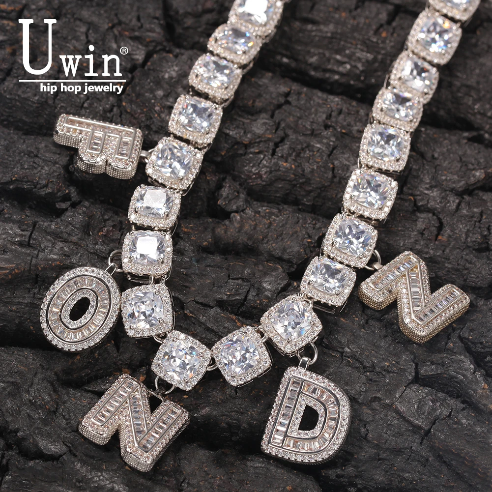 Uwin Name Necklace DIY Custom Letters 10mm Square Cubic Zirconia Link Choker Luxury Micro Paved Personalised Gift Drop Shipping