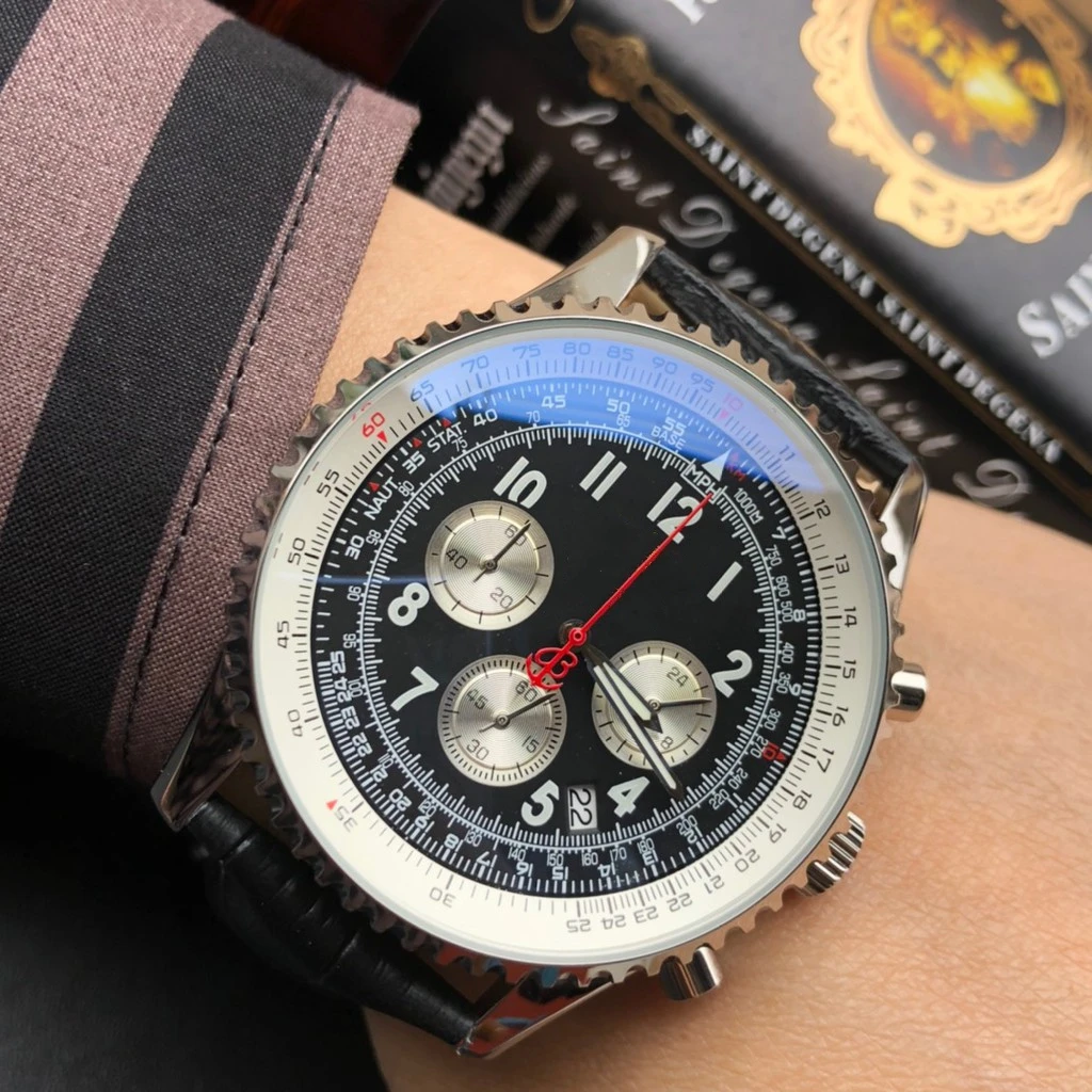 

Quartz Chronograph Japanese Multi-Function Quartz Movement 43mm Men's Watch Black Blue Leather Strap