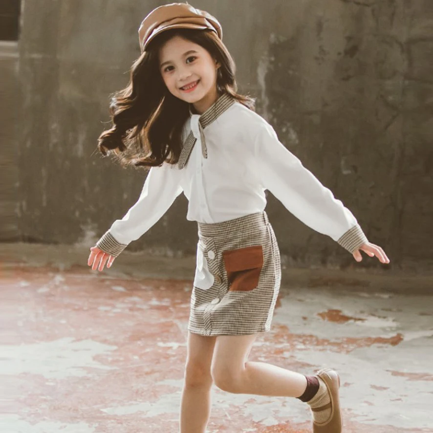 Одежда для девочек Лоскутные блузки и юбки костюмы клетчатая юбка строгие